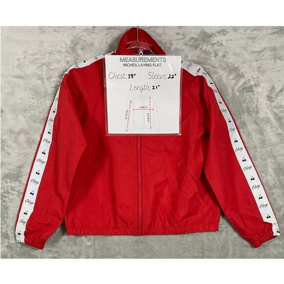 Women’s Obey Worldwide Cherry Windbreaker Full Zip Jacket Red Lightweight Coat - Picture 11 of 11